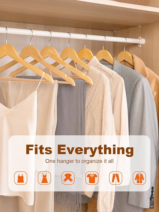 HOUSE DAY Wooden Hangers 30 Pack, Solid Wood Clothes Hangers with Non Slip Pant Bar, Heavy Duty Wooden Coat Hanger for Closet, Smooth Finish Wood Hangers for Shirts, Suits Jackets, Dress, Natural