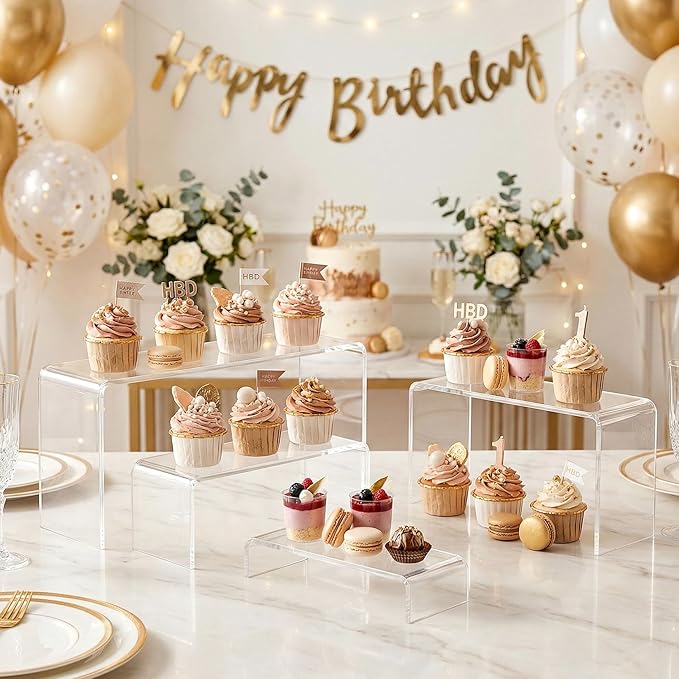 FUNFERY Acrylic Display Risers,2 Sets(7.8" L~8.2" L~8.6" L) Display Stand Shelf for Figure,Collectibles,Cupcake,Clear Acrylic Risers for Displays Case Cabinet,Dessert Table,Shelf Riser for Decor,Food