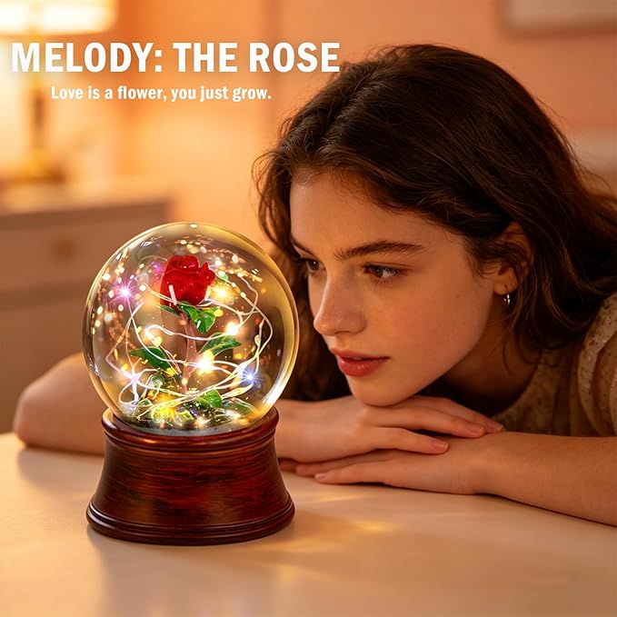 Rose Snow Globe Music Box, Preserved Red Rose Flower Musical Snow Globes, LED Light Up Rose Snowglobe Water Globe Romantic Gift for Women Girls in Mother's Day, Anniversary, Christmas