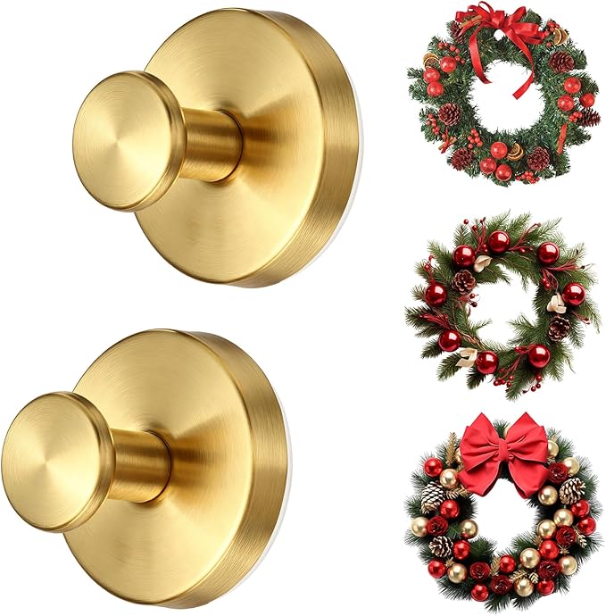 2 Pack Suction Cup Wreath Hangers for Front Door Garland Hanger 11 Lb -22 Lb Suction Wreath Hanger for Glass Door No Drill Suction Hooks for Bathroom Halloween Christmas Decorations (Gold)