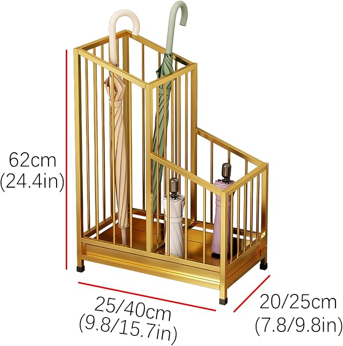 Indoor Metal Umbrella Stand，Umbrella Storage，Tall Metal Standing Umbrella Holder，Umbrella Holder for entryway，for Hotel，Offices，Home，Commercial(Gold,40 * 25 * 62cm/16 * 8 * 24.4in)
