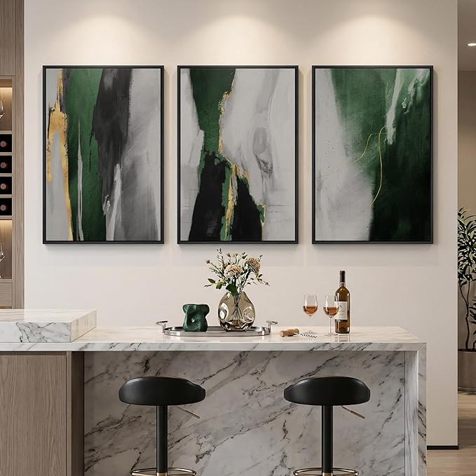 Large Framed Green Abstract Wall Art for Living Room, 3 Piece Modern Canvas Prints Paintings Artwork for Walls, Green Black Gold Abstract Pictures for Hallway Dining Bedroom Office Wall Decor 24x36 In
