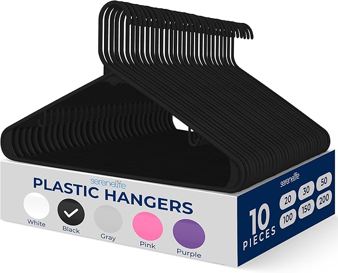 SereneLife Black Plastic Hangers 10 Pack - Clothes Hangers with Non Slip Hooks, Sturdy, Durable & Space Saving Coat Hanger, Light-Weight and Ultra-Thin, Perfect Closet Organizer for Everyday Use