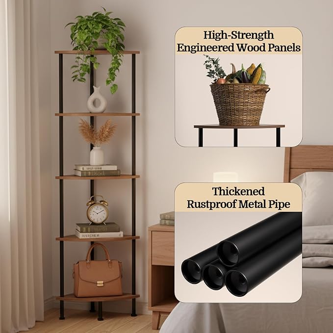 5-Tier Corner Shelf Stand, 52" Industrial Corner Display Rack for Living Room, Bookshelf, Tall Display Shelf, Plant Stand, Storage Standing Shelf for Bedroom, Bathroom, Kitchen, Brown