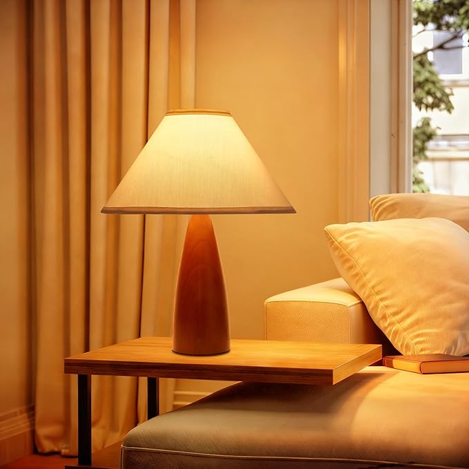 Bedside Table Lamp for Bedroom, Mid-Century Modern Plug in Fabric Shade & Solid Wood Base Desk Lamp, Plug & Play Red Wood Nightstand Lamp for Living Room 【Bulb Included】