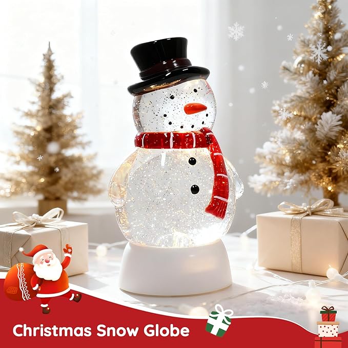 Christmas Snow Globe Snowman Lighted Musical Glitter Globe Battery Operated or USB Powered with Timer Water Glittering Snowing Globe for Christmas Party Home Table Decorations Gifts (Snowman)