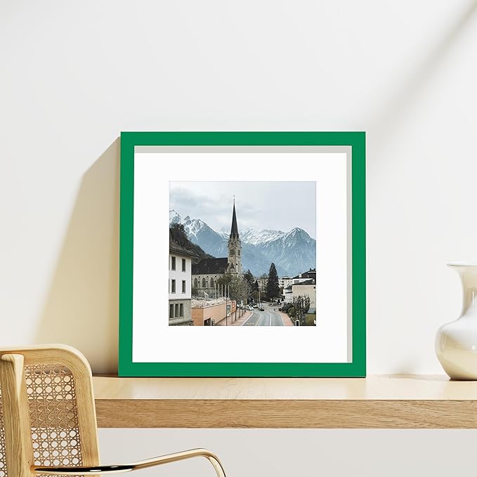 Vittanly 12x12 Picture Frames Set of 9, Shatter Resistant Plexiglass, Display 8x8 Pictures with Mat or 12x12 without Mat, Photo Frames for Wall Mount, Engineered Wood, Green