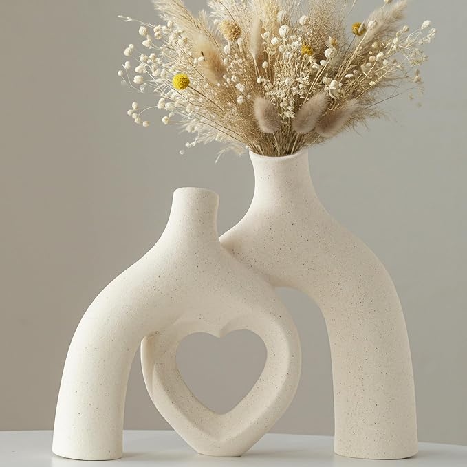 Modern Ceramic Vase, Snuggle Heart-Shaped Abstract Sculpture Vases, Minimalist Boho Home Decor for Living Room Shelf & Table Centerpiece Decorative Vase (Milky White)
