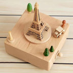 Natural Solid Wood Handcrafted Beech Wooden, Musical FigureTotoro/Carousel/Fairy/Ballerina Figurine,Rotating Hand Crank Mechanism Music Box,Musical Decorations (Eiffel Tower)