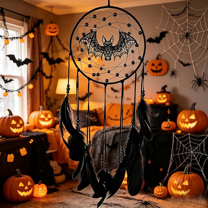 Halloween Gothic Black Dreamcatcher with Bats - Large Handmade Bohemian Wall Hanging for Witchy Home Outdoor Decor, Halloween Bat Decor, Dark Gothic Gift (Bat B)