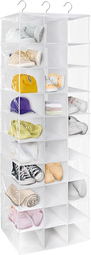 coastal rose Hanging Shoe Closet Organizer, 30 Sections Hanging Closet Organizers and Storage Shelves with 6 Mesh Pockets, Space Saving Shoe Rack Holder Hanger, White