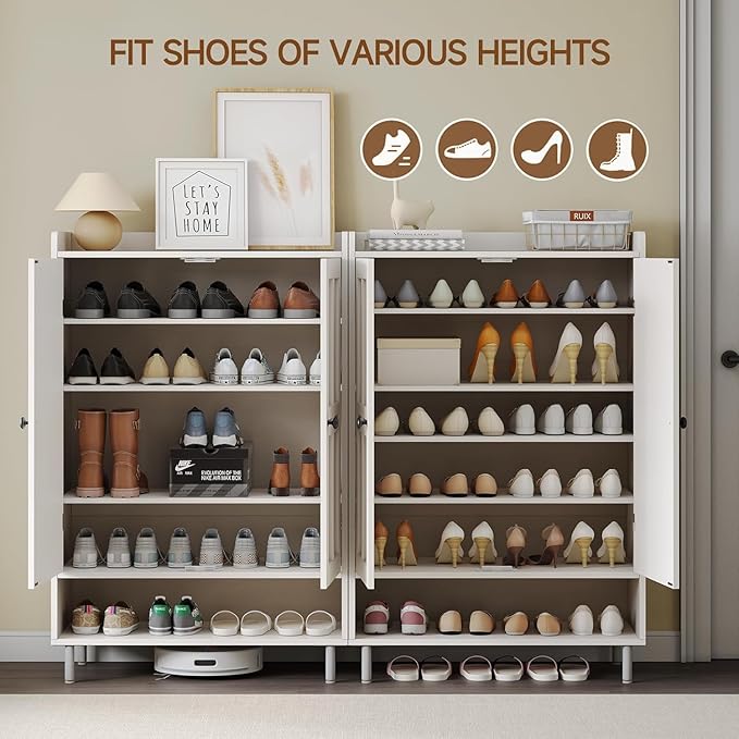 ONBRILL Shoe Storage Cabinet with Cross Molding Doors, 6-Tier Farmhouse Shoe Cabinet with 3 Adjustable Shelves and Metal Legs, 45'' Tall Shoes Rack Organizer Cabinet for Entryway, Front Door, White