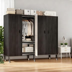 Heavy Duty Portable Closet with Cover Magnetic Doors, Metal Rolling Clothes Rack Heavy Duty 1500LBS, Foldable Clothing Rack, Garment Racks for Bedroom/ LivingRoom/ Rental (KT Woodgrain Black, 74.8in)