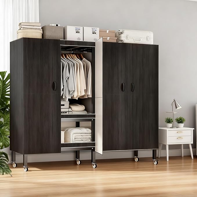 Heavy Duty Portable Closet with Cover Magnetic Doors, Metal Rolling Clothes Rack Heavy Duty 1500LBS, Foldable Clothing Rack, Garment Racks for Bedroom/ LivingRoom/ Rental (KT Woodgrain Black, 74.8in)