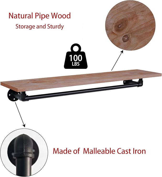 Clothes Rack 42in, Wall Mounted Garment Rack with Real Wood Shelf, Heavy Duty Hanging Clothes Rack, Multi-Purpose Hanging Rod, Space-Saving Closet Storage