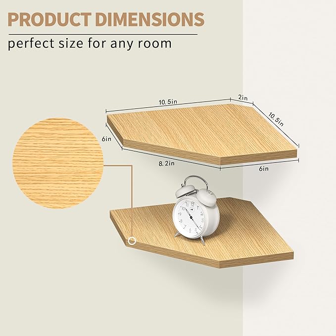 Fun Memories Corner Shelf Wall Mount, Corner Floating Shelves, Set of 4 Corner Wall Shelf Organizer, Rustic Wood Wall Storage Display Shelves for Living Room Bedroom Bathroom Kitchen, Oak