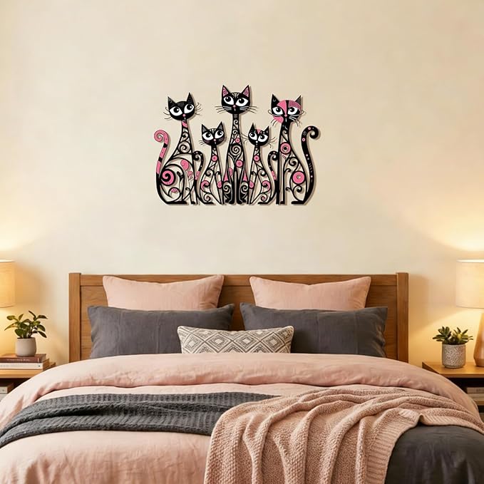Wesiti Cat Wall Art Decor Iron Wall Sculptures Decor for Cats Lover 10.6 x 15.7 Inches Colorful Retro Mid Century Cat Signs for Home Living Room Bedroom Kitchen Office