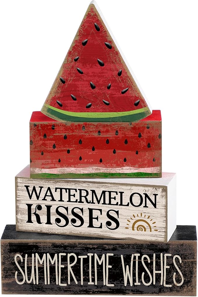 Lineshading 4 Pcs Summer Table Decor Wooden Watermelon Tiered Tray Decor Rustic Farmhouse Watermelon Block Signs Gifts Summer Tabletop Centerpieces for Home Kitchen Coffee Bar Decorations