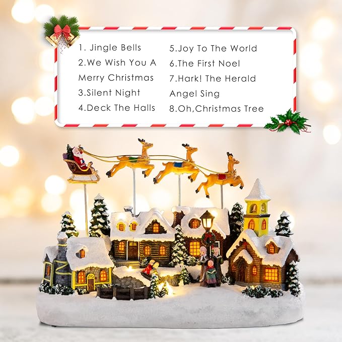 WONDER GARDEN Christmas Village Houses-Christmas Houses Village - Lighted Town Sets Colorful Musical Collectible Buildings with Elks Pulls Santa in Sleigh for Home Indoor Decor or Gift