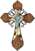 AMAJY Rustic Western Style Cowhide Faux Tooled Leather Wall Cross with Turqoise Center Piece and Floral Embossed Design Spiritual Wall art Southwest Decor
