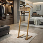 Proman Products Newport Suite Men Wooden Valet Stand VL37034 with Top Tray, Contour Hanger, Trouser Bar, and Shoe Rack, 18" W x 16" D x 46" H, Light Walnut