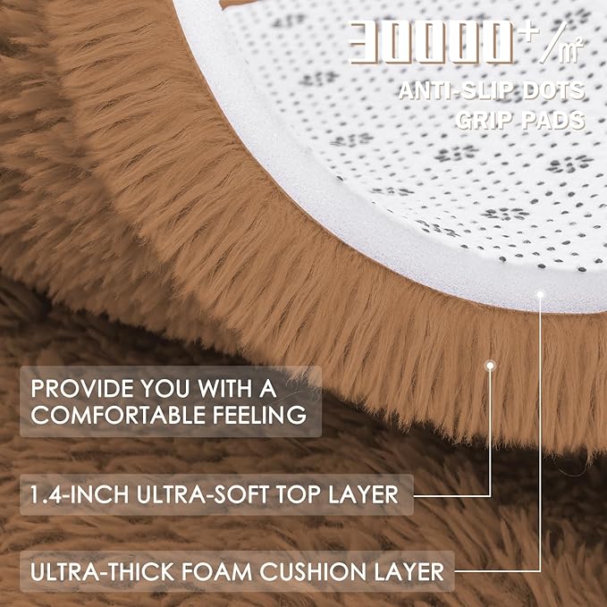 OLANLY Khaki Round Rugs for Bedroom - Machine Washable, 3 ft Circle Area Rugs for Living Room, Soft and Fluffy Shaggy Carpet for Teen Girl and Boys, Nursery Rooms, Dorms, Home Decor Aesthetic