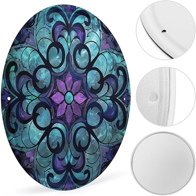 Wall Picture, with Stained Glass Pattern Printed Circular Iron Hanging Picture,Wall Art Decor,Home for Bedroom Living Room Bathroom Decor,Iron Painting 11.8X11.8 in