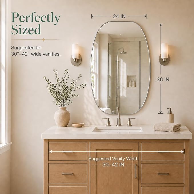 USHOWER Silver Oval Arch Bathroom Mirrors for Over Sink, 24x36 Inch Bathroom Vanity Mirror for Bathroom, Bedroom, Vanity, Entryway, Aluminium Frame, Anti-Rust, Modern Wall Decor