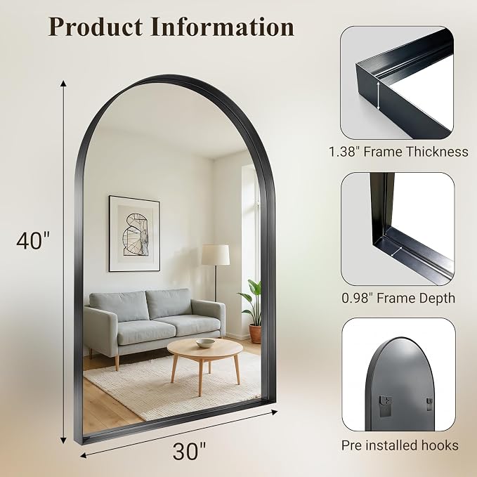 Arch Bathroom Mirror, 30"x40" Wall Mounted Vanity Mirror with Deep Frame, Tempered Glass Decor Mirror for Bathroom, Bedroom, Entryway and Living Room, Hanging or Leaning, Black