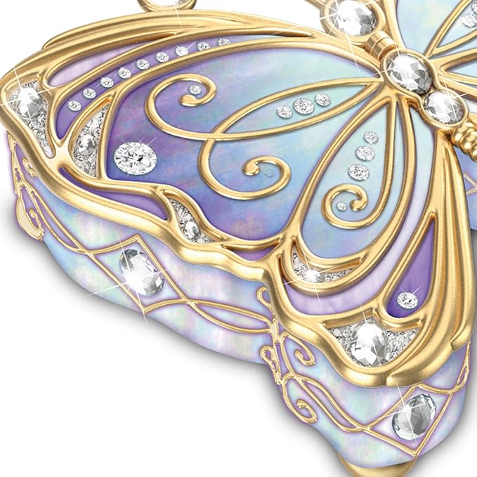 The Bradford Exchange Porcelain Butterfly Music Box with 22K Gold Accents, Simulated Jewels, and Storage, Plays Wind Beneath My Wings