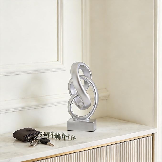 WUBIANJIE Modern Abstract Knot Sculpture, Artistic Mobius Inspired Resin Decor, Elegant Home and Office Decor, (Silver)