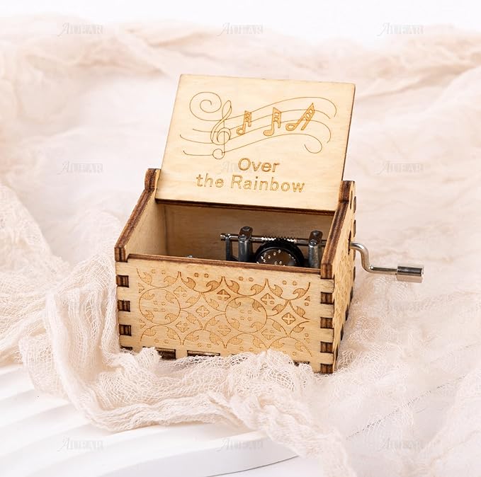 AUEAR, Over The Rainbow Wooden Music Box Hand Crank Laser Engraved Vintage Musical Small Unique Gift for Birthday Wedding Christmas Valentines Day (Style D)