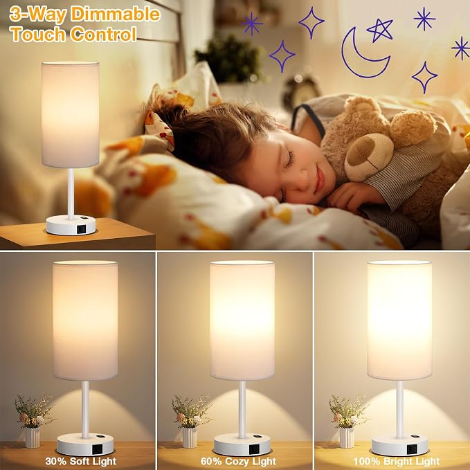 Dicoool Touch Bedside Table Lamp with USB - 3 Way Dimmable White Lamp for Bedroom Nightstand, Desk Lamp with Charging Station for Dorm, Office, Kids Room, Living Room
