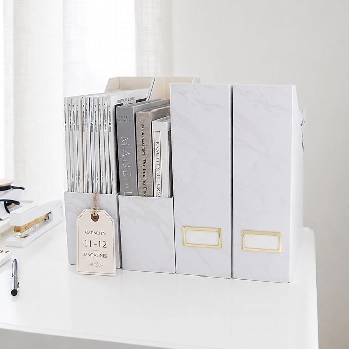 BLU MONACO Set of 4 Magazine Holders | White Marble Design with Gold Label Holders | Foldable File Organizer Boxes for Desk, Office & Classroom | Stylish Paper & Magazine Storage