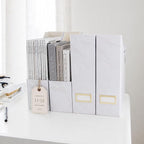 BLU MONACO Set of 4 Magazine Holders | White Marble Design with Gold Label Holders | Foldable File Organizer Boxes for Desk, Office & Classroom | Stylish Paper & Magazine Storage