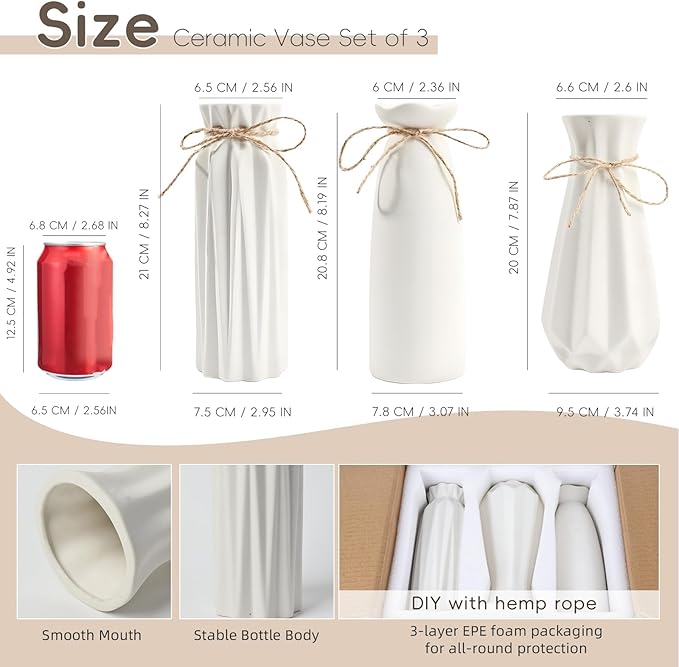 White Ceramic Vase,Modern Ceramic Vases Set of 3,White Tall Flower Vases for centerpieces,Rustic Farmhouse Boho Vase for Table Living Room Bathroom Kitchen Shelf Bedroom Office Party