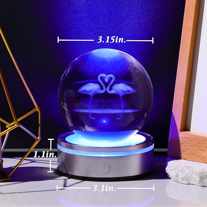 Movdyka Flamingo Gifts for Women Men 3D Crystal Ball with Colorful Light Base, Laser Engraved Flamingo Decor Glasses Snow Globe Crafts Gifts for Her Wife on Valentine's Day Birthday- 3.15"/8CM