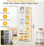 Over The Door Organizer 6 Tiers, Extra Large Behind Door Storage of 12 Compartments, 80 lbs Weight Capacity Hanging Storage Organizer with Clear Window Kids Toys, Shoes,Diapers, Room Storage, White