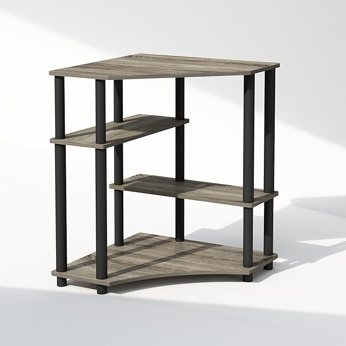 Furinno Turn-N-Tube Storage Shelves, 4-Tier Corner Shelf, Toolless Assembly Display Rack, Corner Bookshelf for Small Space, for Organization and Storage, Living Room, Home Office, French Oak