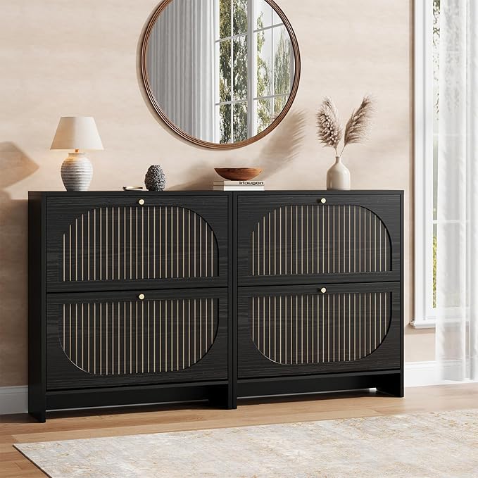 Nicetree Arch-Chic Shoe Cabinet for Entryway, Modern Mid-Century Shoe Storage Cabinet with Fluted, Narrow Shoe Rack with Adjustable Shelves & Tipping Protection, Fits Size 12 Shoes,Black