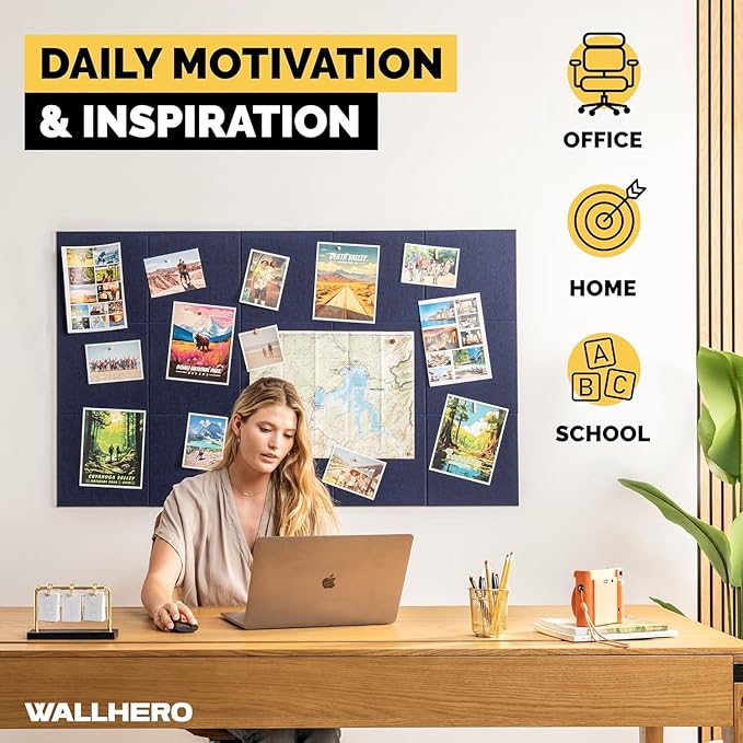 WALLHERO Large Cork Board Alternative | 15 Pack | Sizing Up to 59”x36”, Felt Wall Tiles, Office Wall Decor, Large Cork Boards for Walls, Corkboard, Cork Board for Office, Pin Board, Blue