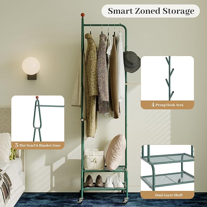 Clothes Rack, Metal Garment Rack with Wheels and Shelves, Rolling Portable Clothing Racks for Hanging Clothes, Freestanding Storage Solution for Small Spaces (Deep Green)