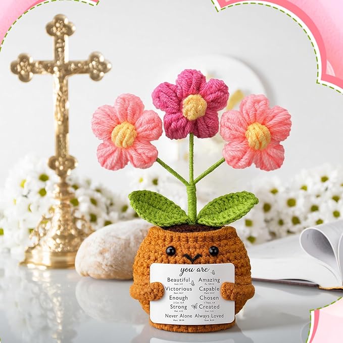Wavwavw Christian Gift for Women Positive Handmade Crochet Doll with Bible Verse Prayer Card Pink Cream Puffs Inspirational Scripture Religious Crochet for Christmas Sunday Group Church