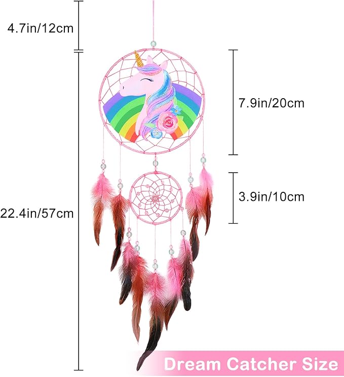 Basumee Dream Catcher for Kids Feather Dream Catchers Handmade Home Decor Wall Hanging with Double Ring for Nursery Bedroom Boys Room, Rainbow Unicorn