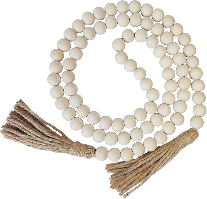 Boho Decor Wood Beads Garland Farmhouse Wall Hanging Decorations Natural Wooden Bead Tassel Decorative for Coffee Table Christmas and Prayer (Nature, 58")