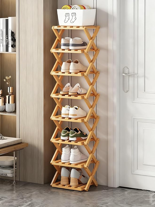 The 9-Tier No-Assembly Bamboo Rack, New Upgrade 9 Tier Bamboo Shoe Rack, Space-Saving Tall Narrow Accordion Shoe Rack for Entryway Closet Dorm (Natural-8)