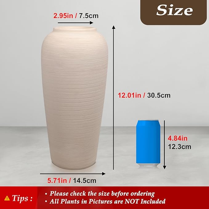 Tall Ceramic Vase 12 Inch Neutral Textured Vase,Cream Ceramic Vase for Home Decor,Farmhouse Tall Ceramic Flower Vase for Dining Table,Living Room,Kitchen,Bedroom,Entryway