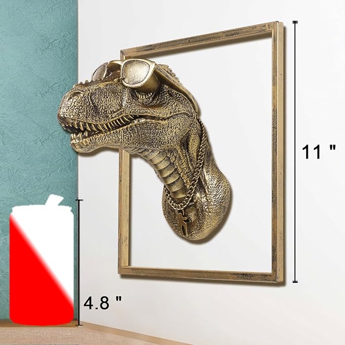 JJALIGHTS Exquisite Resin Animal Head Wall Dragon Sculpture (Gift Metal Frame) - Imitation Copper Vintage Decor for Living Room, Bedroom & Office | Decorative Wall Hanging Art (Dinosaur)