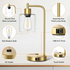 QiMH Set of 2 Industrial Touch Control Table Lamps with 2 USB Ports and 2 AC Outlets, 3-Way Dimmable Bedside Nightstand Reading Lamps with 2700K LED Bulbs, Glass Desk Lamp for Living Room,Bedroom
