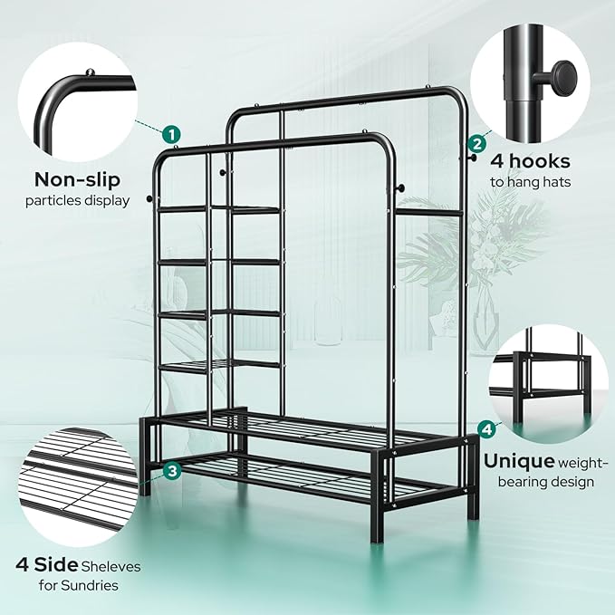 Clothes Rack, Double Rods Clothing Rack with 2 Bottom Shelves & 4 Side Shelves, Metal Garment Rack for Hanging Clothes, Heavy Duty Clothes Rack for Bedroom, Laundry, Living Room, Black